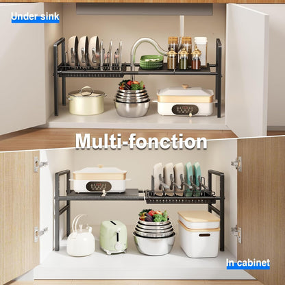 Pots and Pans Organizer Under Cabinet, Expandable 2 Tier Under Sink Organizers and Storage Adjustable Height Kitchen Pot and Pan Lid Holder Rack with 12 Dividers Under Cabinet Shelf(Black)