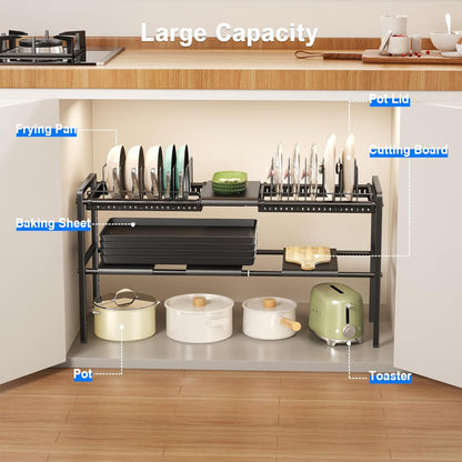 Pots and Pans Organizer Under Cabinet, Expandable 2 Tier Under Sink Organizers and Storage Adjustable Height Kitchen Pot and Pan Lid Holder Rack with 12 Dividers Under Cabinet Shelf(Black)