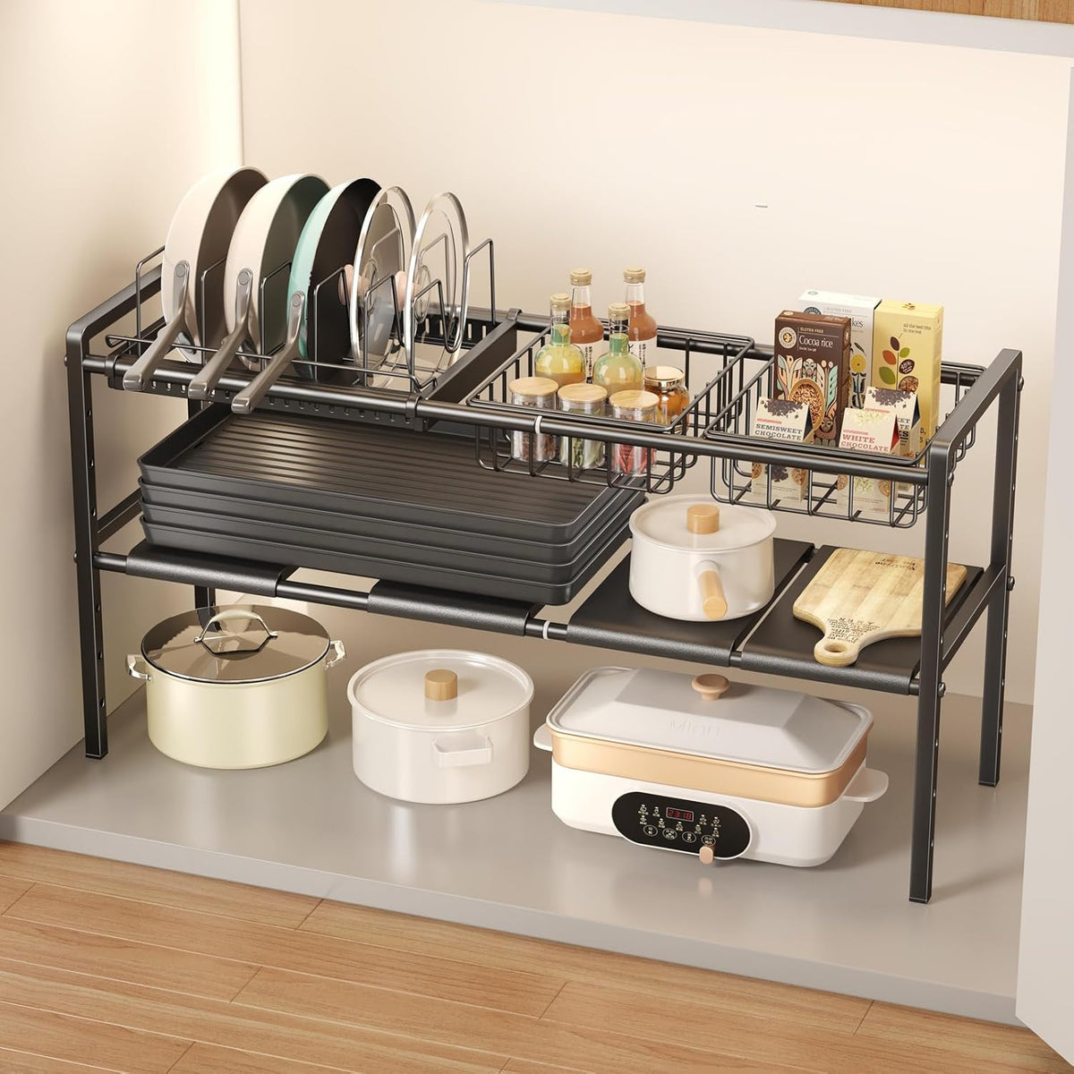Pots and Pans Organizer Under Cabinet, Expandable 2 Tier Under Sink Organizers and Storage Adjustable Height Kitchen Pot and Pan Lid Holder Rack with 12 Dividers Under Cabinet Shelf(Black)