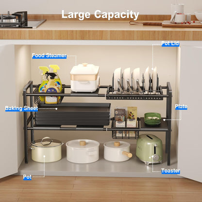 Pots and Pans Organizer Under Cabinet, Expandable 2 Tier Under Sink Organizers and Storage Adjustable Height Kitchen Pot and Pan Lid Holder Rack with 12 Dividers Under Cabinet Shelf(Black)
