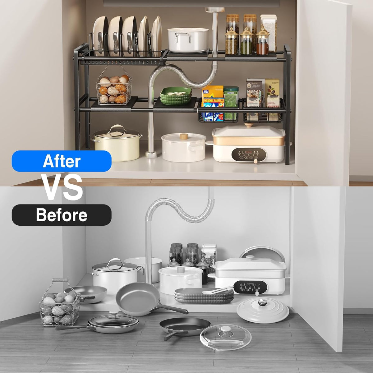 Pots and Pans Organizer Under Cabinet, Expandable 2 Tier Under Sink Organizers and Storage Adjustable Height Kitchen Pot and Pan Lid Holder Rack with 12 Dividers Under Cabinet Shelf(Black)
