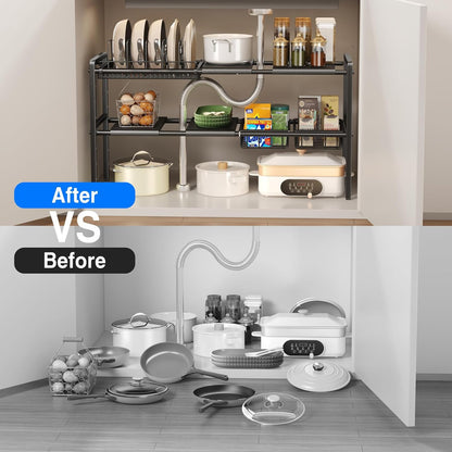 Pots and Pans Organizer Under Cabinet, Expandable 2 Tier Under Sink Organizers and Storage Adjustable Height Kitchen Pot and Pan Lid Holder Rack with 12 Dividers Under Cabinet Shelf(Black)