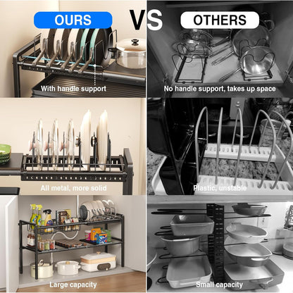 Pots and Pans Organizer Under Cabinet, Expandable 2 Tier Under Sink Organizers and Storage Adjustable Height Kitchen Pot and Pan Lid Holder Rack with 12 Dividers Under Cabinet Shelf(Black)