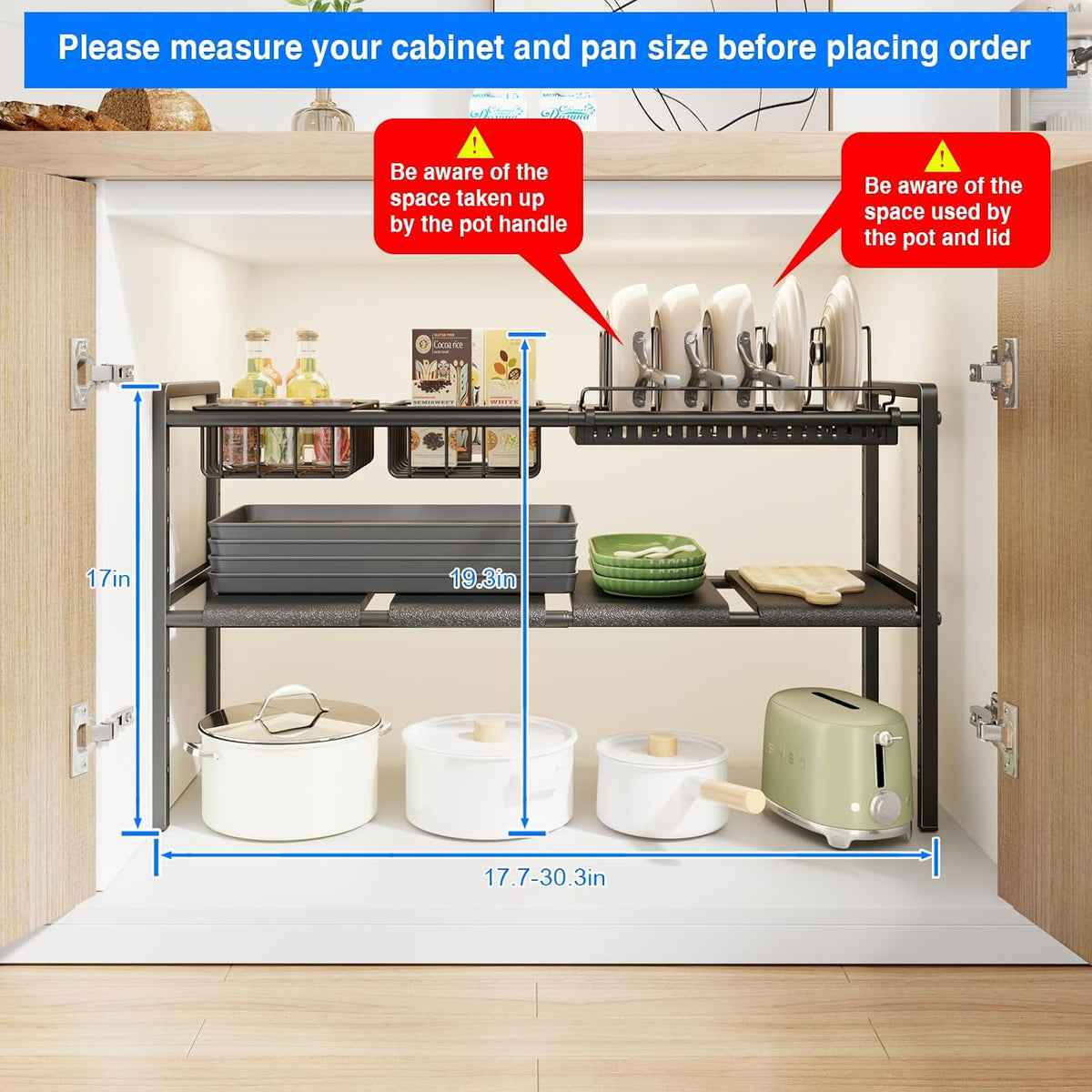 Pots and Pans Organizer Under Cabinet, Expandable 2 Tier Under Sink Organizers and Storage Adjustable Height Kitchen Pot and Pan Lid Holder Rack with 12 Dividers Under Cabinet Shelf(Black)