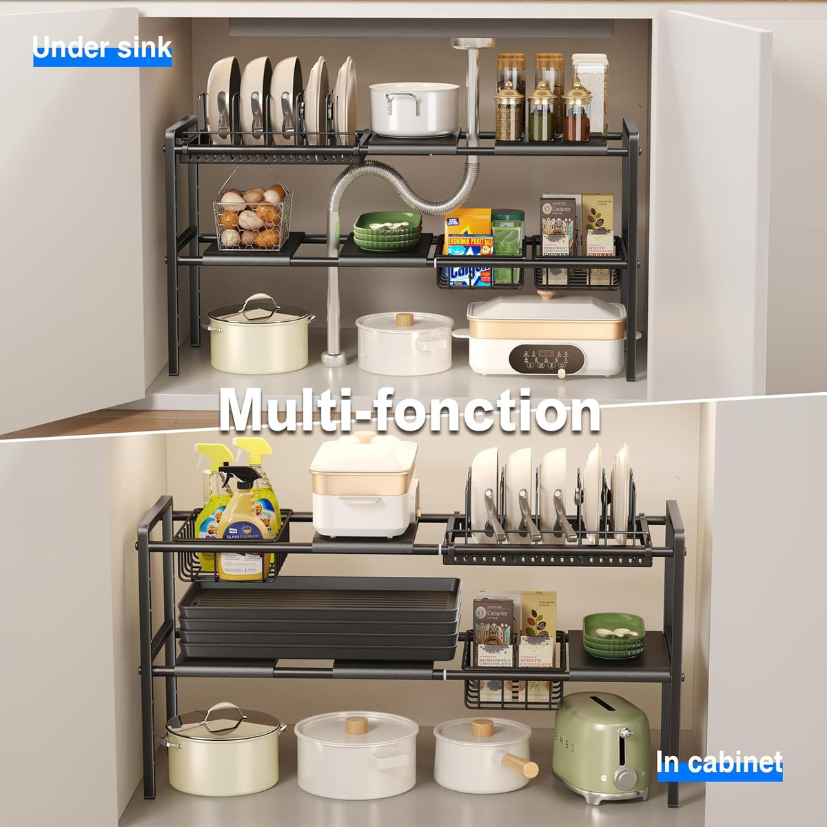 Pots and Pans Organizer Under Cabinet, Expandable 2 Tier Under Sink Organizers and Storage Adjustable Height Kitchen Pot and Pan Lid Holder Rack with 12 Dividers Under Cabinet Shelf(Black)