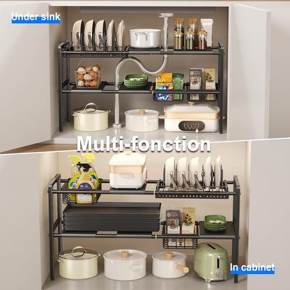 Pots and Pans Organizer Under Cabinet, Expandable 2 Tier Under Sink Organizers and Storage Adjustable Height Kitchen Pot and Pan Lid Holder Rack with 12 Dividers Under Cabinet Shelf(Black)