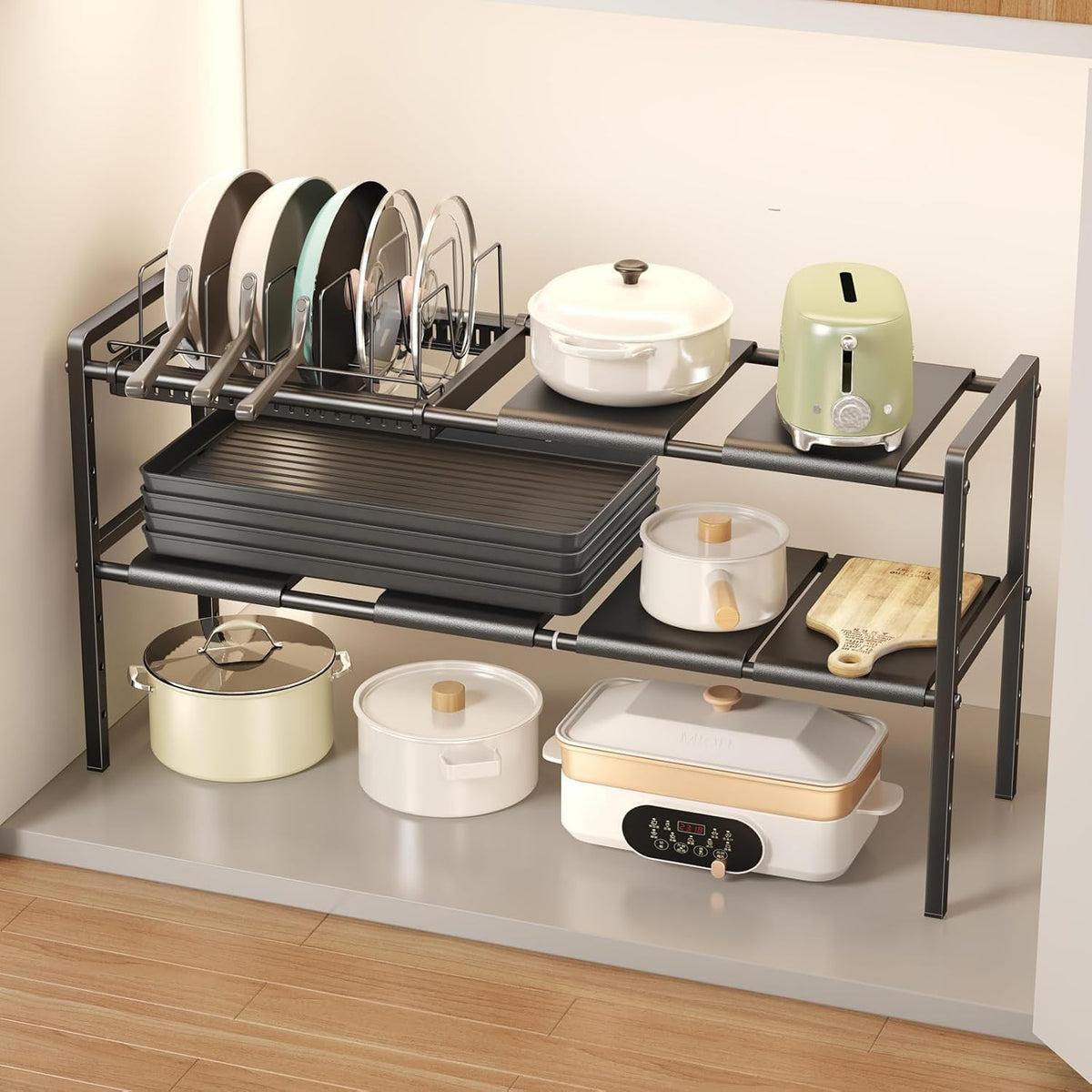 Pots and Pans Organizer Under Cabinet, Expandable 2 Tier Under Sink Organizers and Storage Adjustable Height Kitchen Pot and Pan Lid Holder Rack with 12 Dividers Under Cabinet Shelf(Black)
