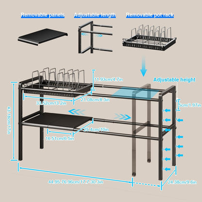 Pots and Pans Organizer Under Cabinet, Expandable 2 Tier Under Sink Organizers and Storage Adjustable Height Kitchen Pot and Pan Lid Holder Rack with 12 Dividers Under Cabinet Shelf(Black)