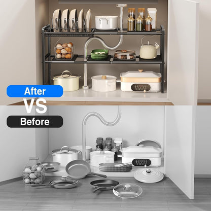 Pots and Pans Organizer Under Cabinet, Expandable 2 Tier Under Sink Organizers and Storage Adjustable Height Kitchen Pot and Pan Lid Holder Rack with 12 Dividers Under Cabinet Shelf(Black)