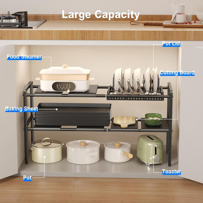 Pots and Pans Organizer Under Cabinet, Expandable 2 Tier Under Sink Organizers and Storage Adjustable Height Kitchen Pot and Pan Lid Holder Rack with 12 Dividers Under Cabinet Shelf(Black)
