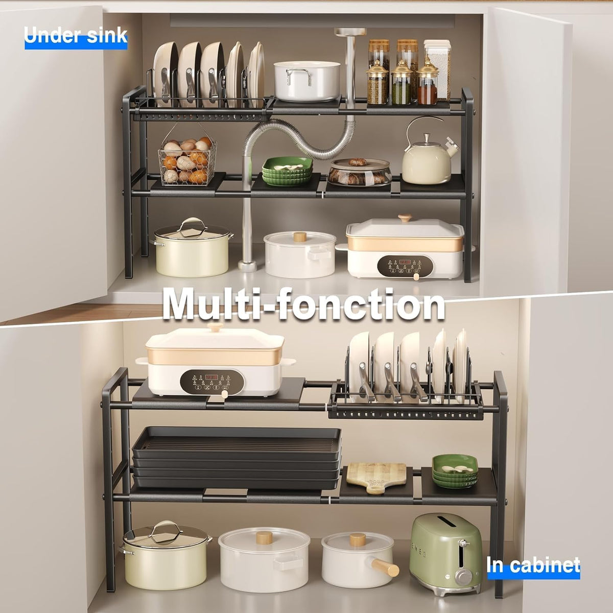 Pots and Pans Organizer Under Cabinet, Expandable 2 Tier Under Sink Organizers and Storage Adjustable Height Kitchen Pot and Pan Lid Holder Rack with 12 Dividers Under Cabinet Shelf(Black)