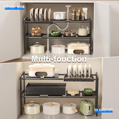 Pots and Pans Organizer Under Cabinet, Expandable 2 Tier Under Sink Organizers and Storage Adjustable Height Kitchen Pot and Pan Lid Holder Rack with 12 Dividers Under Cabinet Shelf(Black)
