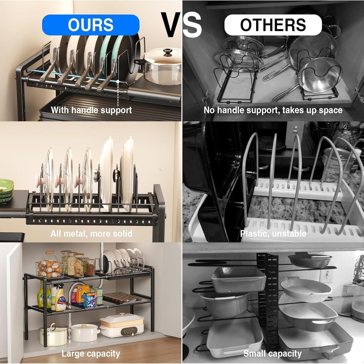 Pots and Pans Organizer Under Cabinet, Expandable 2 Tier Under Sink Organizers and Storage Adjustable Height Kitchen Pot and Pan Lid Holder Rack with 12 Dividers Under Cabinet Shelf(Black)