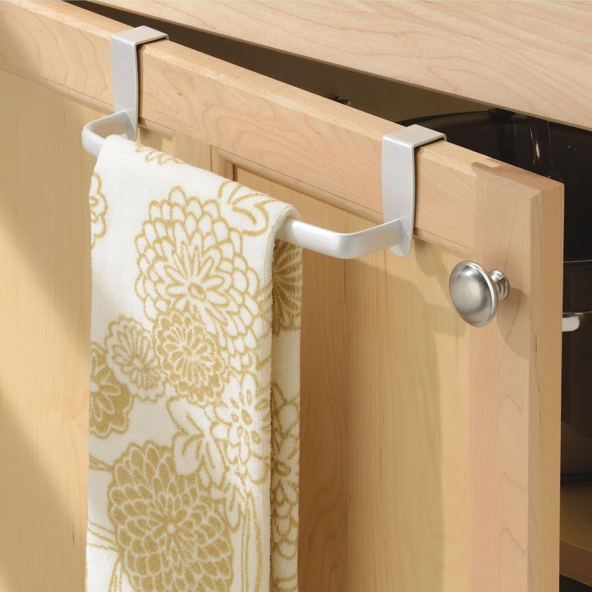 Steel Metal Wire Over Cabinet Towel Rack Storage Organizer - Hang on Cabinet or Door - Towel Bar Holder for Kitchen - Holds Hand Towels, Washcloths - Spira Collection - White