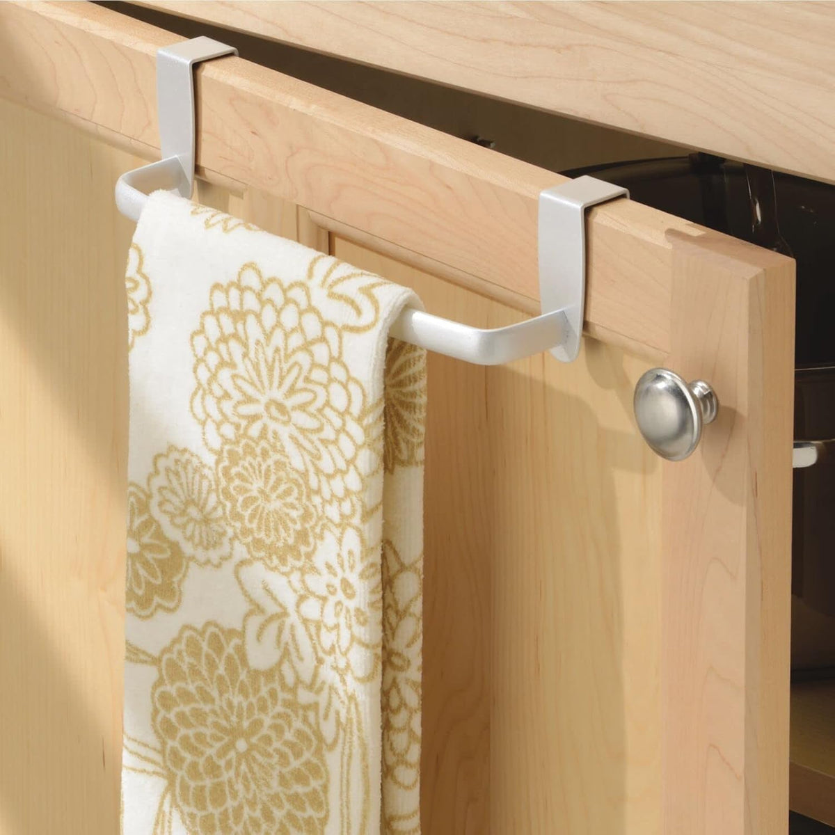 Steel Metal Wire Over Cabinet Towel Rack Storage Organizer - Hang on Cabinet or Door - Towel Bar Holder for Kitchen - Holds Hand Towels, Washcloths - Spira Collection - White