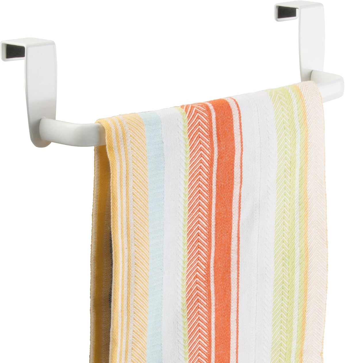 Steel Metal Wire Over Cabinet Towel Rack Storage Organizer - Hang on Cabinet or Door - Towel Bar Holder for Kitchen - Holds Hand Towels, Washcloths - Spira Collection - White