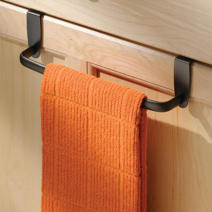 Steel Metal Wire Over Cabinet Towel Rack Storage Organizer - Hang on Cabinet or Door - Towel Bar Holder for Kitchen - Holds Hand Towels, Washcloths - Spira Collection - White