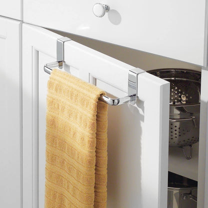 Steel Metal Wire Over Cabinet Towel Rack Storage Organizer - Hang on Cabinet or Door - Towel Bar Holder for Kitchen - Holds Hand Towels, Washcloths - Spira Collection - White