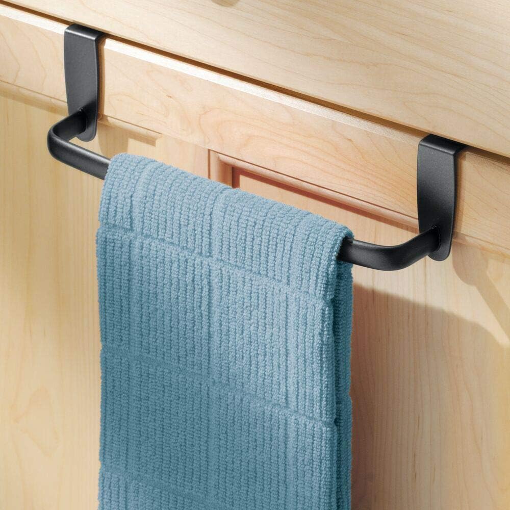 Steel Metal Wire Over Cabinet Towel Rack Storage Organizer - Hang on Cabinet or Door - Towel Bar Holder for Kitchen - Holds Hand Towels, Washcloths - Spira Collection - White