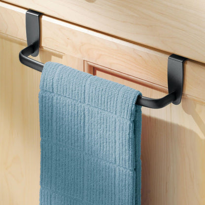 Steel Metal Wire Over Cabinet Towel Rack Storage Organizer - Hang on Cabinet or Door - Towel Bar Holder for Kitchen - Holds Hand Towels, Washcloths - Spira Collection - White