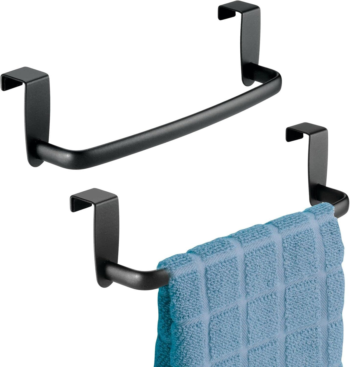 Steel Metal Wire Over Cabinet Towel Rack Storage Organizer - Hang on Cabinet or Door - Towel Bar Holder for Kitchen - Holds Hand Towels, Washcloths - Spira Collection - White
