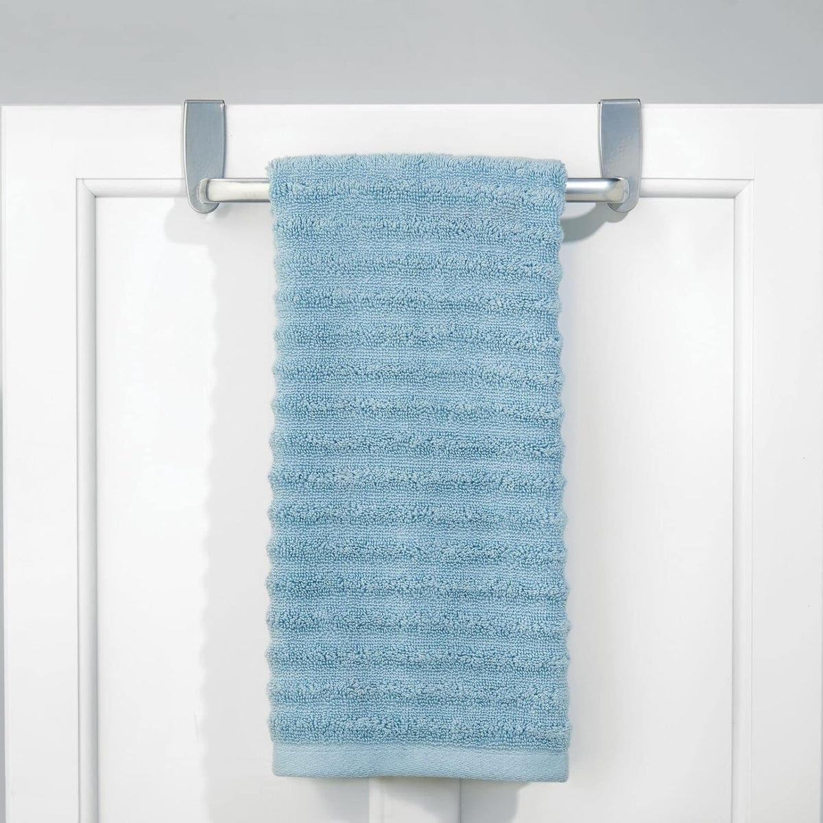 Steel Metal Wire Over Cabinet Towel Rack Storage Organizer - Hang on Cabinet or Door - Towel Bar Holder for Kitchen - Holds Hand Towels, Washcloths - Spira Collection - White
