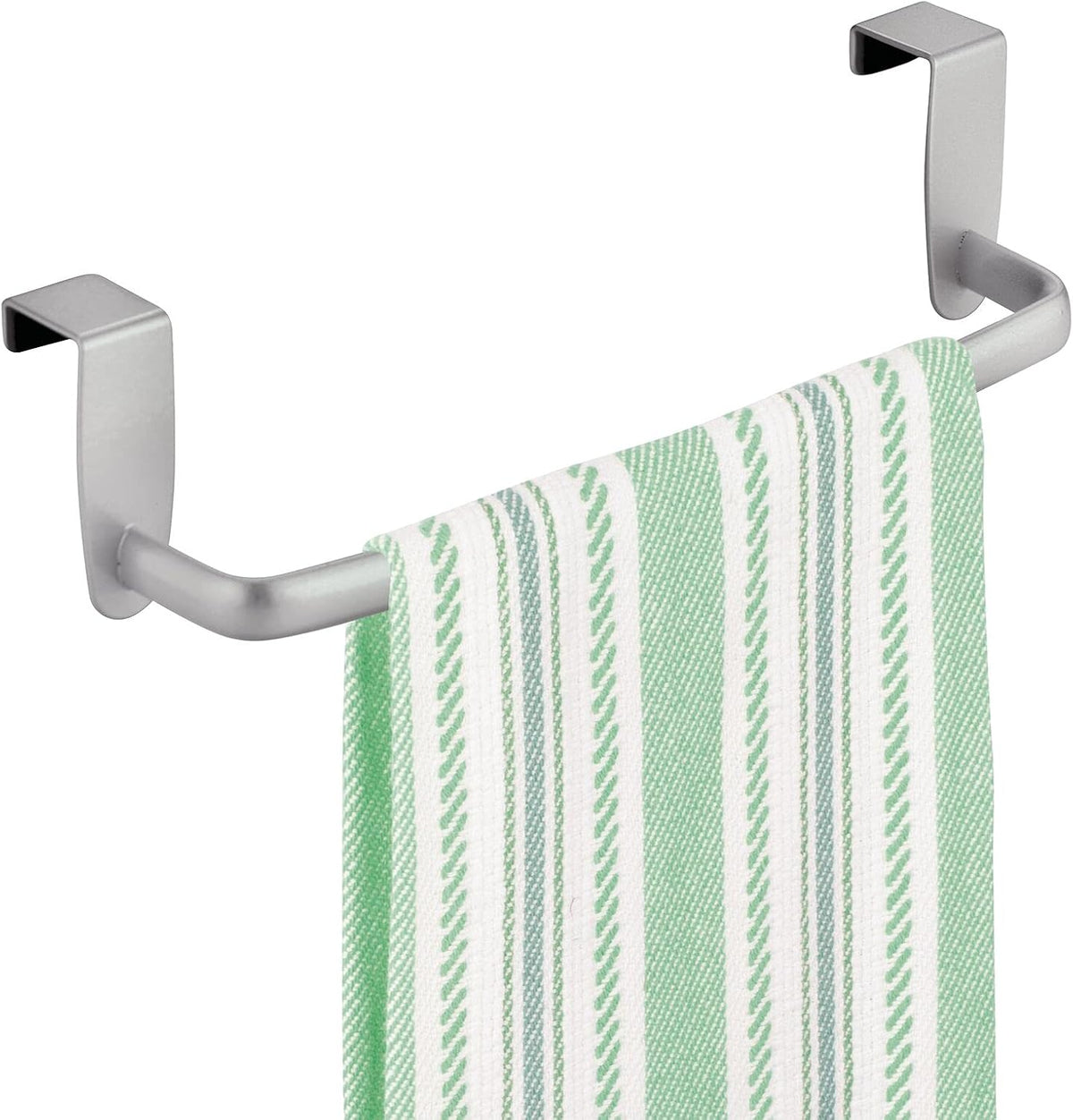 Steel Metal Wire Over Cabinet Towel Rack Storage Organizer - Hang on Cabinet or Door - Towel Bar Holder for Kitchen - Holds Hand Towels, Washcloths - Spira Collection - White