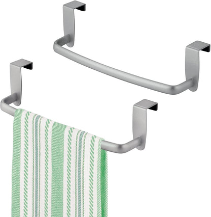 Steel Metal Wire Over Cabinet Towel Rack Storage Organizer - Hang on Cabinet or Door - Towel Bar Holder for Kitchen - Holds Hand Towels, Washcloths - Spira Collection - White