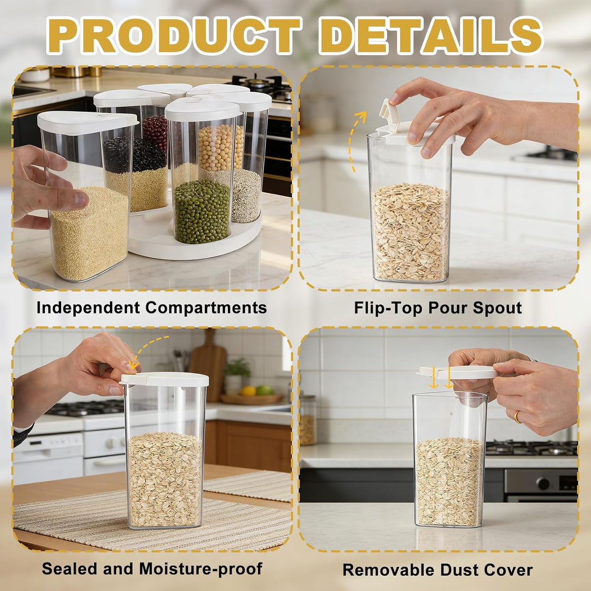 5-10 lbs Rice Dispenser 6 Grids 360° Rotating Cereal Dispenser Countertop BPA-Free PET Grain and Rice Storage Container with Lids Dry Food Dispenser Grain Canister Sets for Oats Flour Corn Flakes