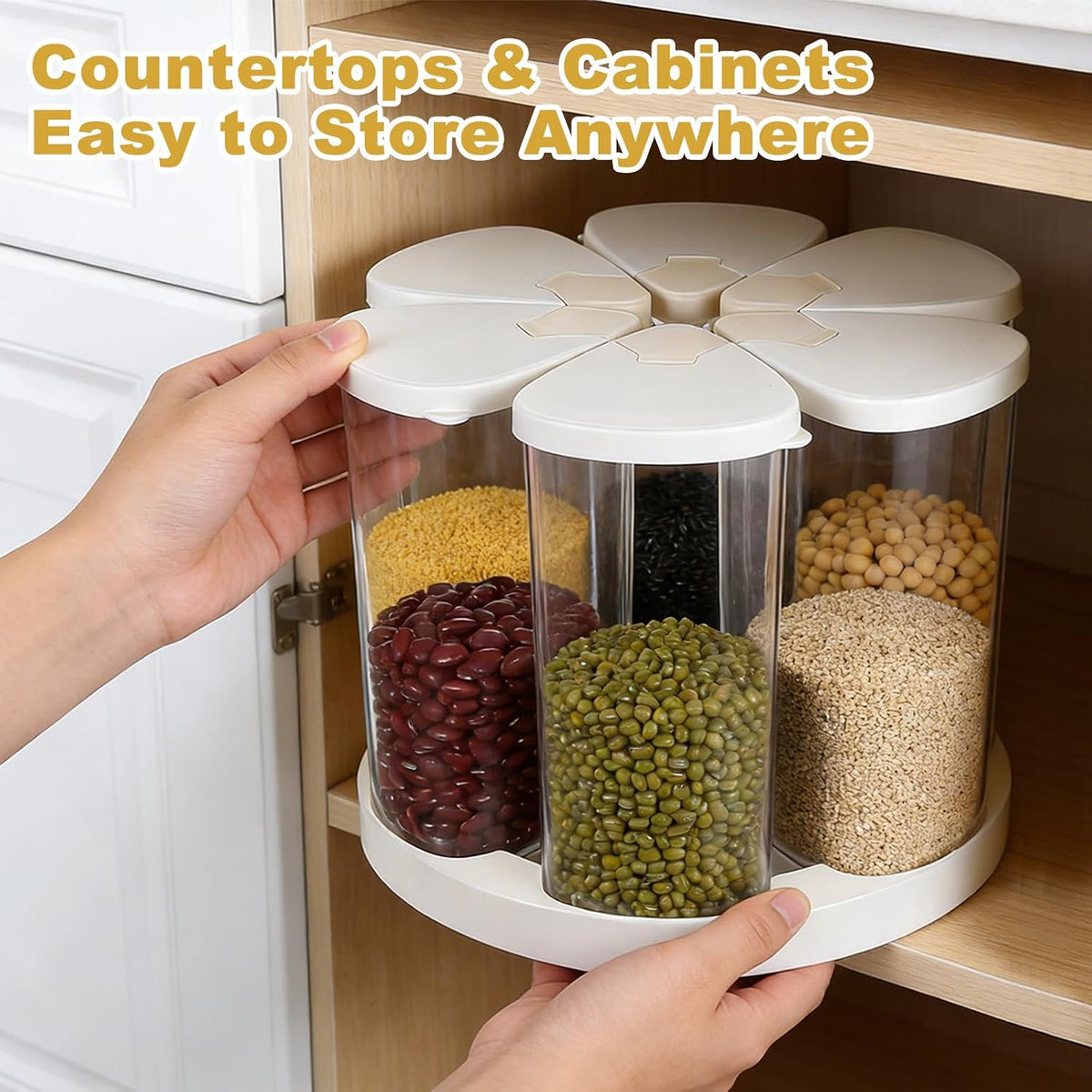 5-10 lbs Rice Dispenser 6 Grids 360° Rotating Cereal Dispenser Countertop BPA-Free PET Grain and Rice Storage Container with Lids Dry Food Dispenser Grain Canister Sets for Oats Flour Corn Flakes