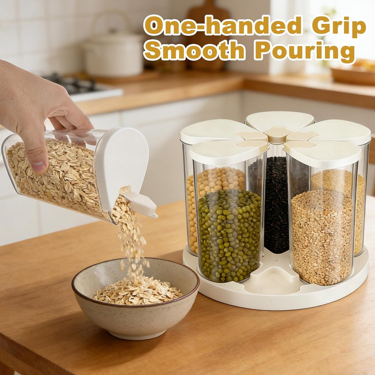 5-10 lbs Rice Dispenser 6 Grids 360° Rotating Cereal Dispenser Countertop BPA-Free PET Grain and Rice Storage Container with Lids Dry Food Dispenser Grain Canister Sets for Oats Flour Corn Flakes