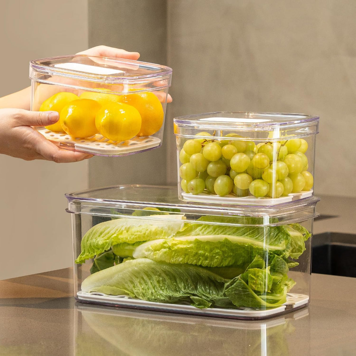 Duo Fresh Produce Saver for Fridge, Fruit Vegetable Container with Vent & Drainage in Bottom for Wash, Colander Strainer Storage Bin for Refrigerator, Berry Lettuce Keeper