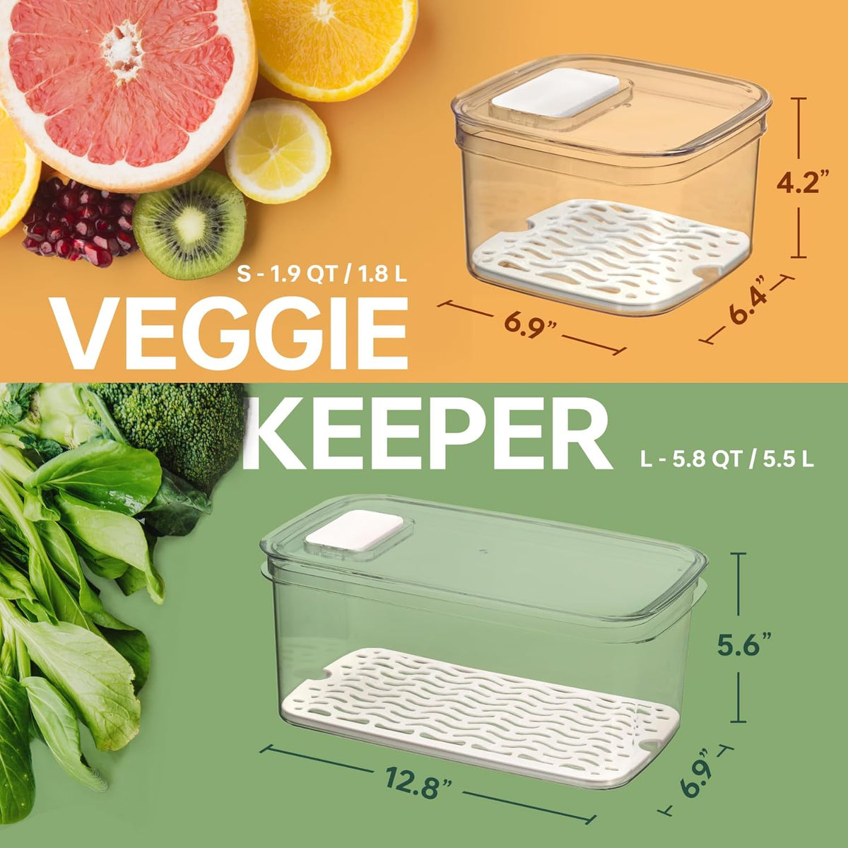 Duo Fresh Produce Saver for Fridge, Fruit Vegetable Container with Vent & Drainage in Bottom for Wash, Colander Strainer Storage Bin for Refrigerator, Berry Lettuce Keeper