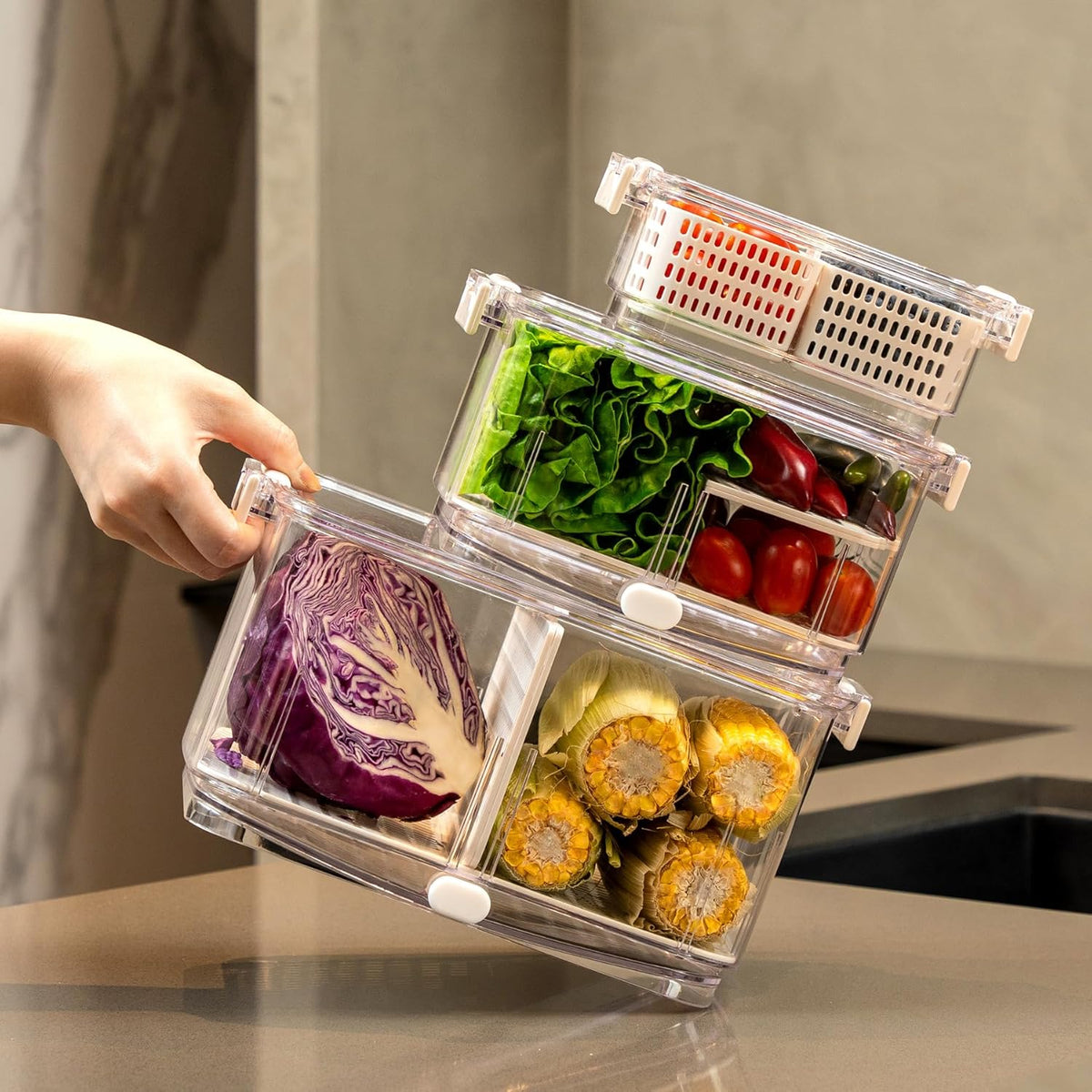 Duo Fresh Produce Saver for Fridge, Fruit Vegetable Container with Vent & Drainage in Bottom for Wash, Colander Strainer Storage Bin for Refrigerator, Berry Lettuce Keeper
