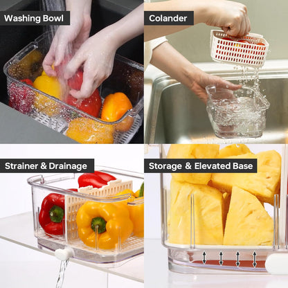 Duo Fresh Produce Saver for Fridge, Fruit Vegetable Container with Vent & Drainage in Bottom for Wash, Colander Strainer Storage Bin for Refrigerator, Berry Lettuce Keeper
