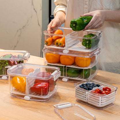 Duo Fresh Produce Saver for Fridge, Fruit Vegetable Container with Vent & Drainage in Bottom for Wash, Colander Strainer Storage Bin for Refrigerator, Berry Lettuce Keeper