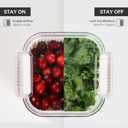 Duo Fresh Produce Saver for Fridge, Fruit Vegetable Container with Vent & Drainage in Bottom for Wash, Colander Strainer Storage Bin for Refrigerator, Berry Lettuce Keeper