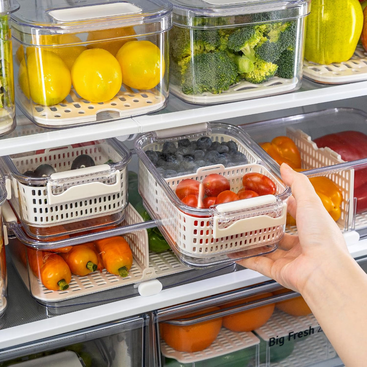 Duo Fresh Produce Saver for Fridge, Fruit Vegetable Container with Vent & Drainage in Bottom for Wash, Colander Strainer Storage Bin for Refrigerator, Berry Lettuce Keeper