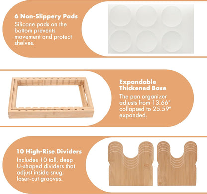 MEKER Pot Lid Holders, Cabinet Organizer for Food Contanier Lid, Bamboo Expandable Bakeware for Under Cabinet, Adjustable Dividers, Pot Lids Holder Rack, Cookie Sheet Baking Pan, Tray Organizer, 10PCS