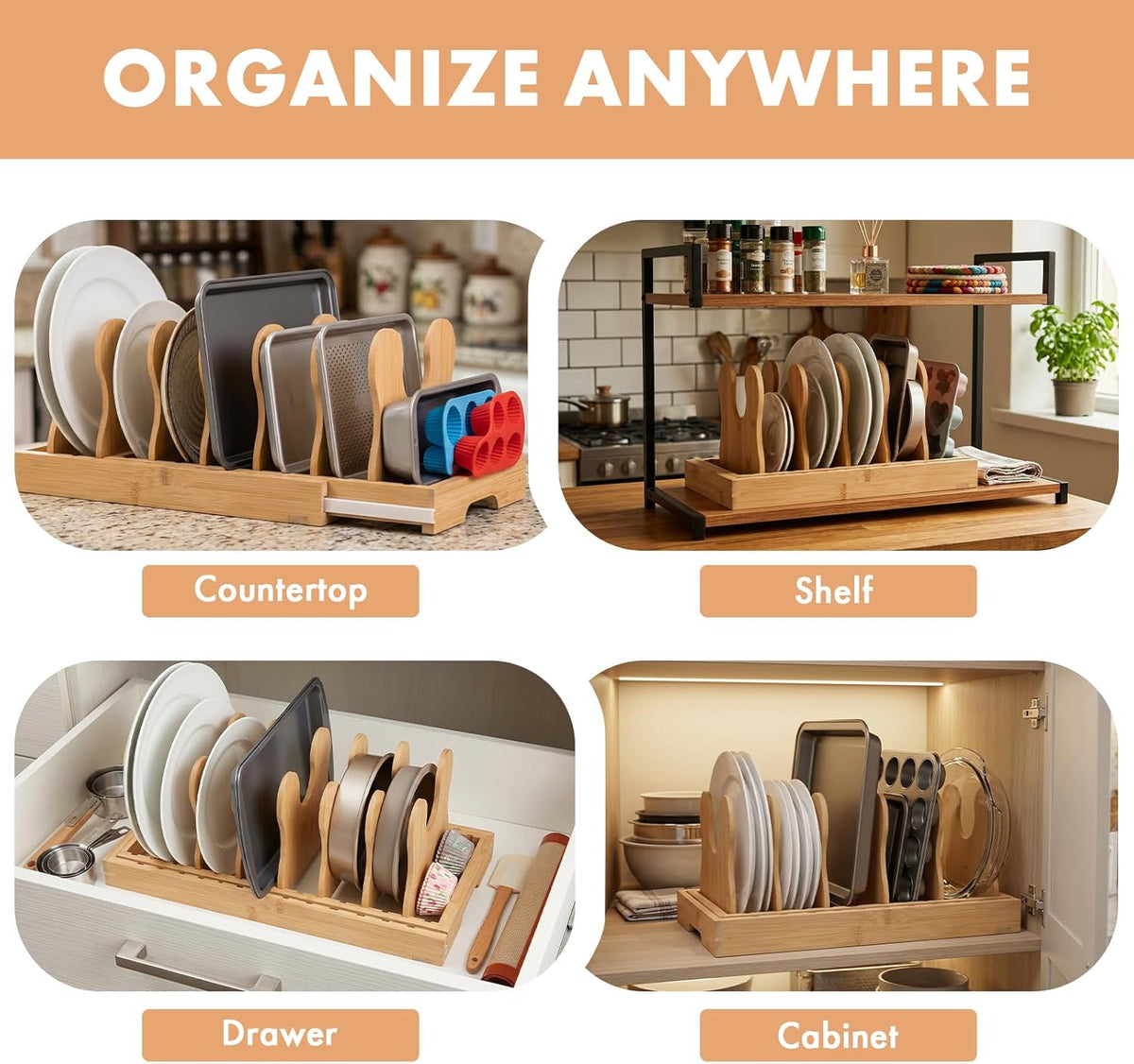 MEKER Pot Lid Holders, Cabinet Organizer for Food Contanier Lid, Bamboo Expandable Bakeware for Under Cabinet, Adjustable Dividers, Pot Lids Holder Rack, Cookie Sheet Baking Pan, Tray Organizer, 10PCS
