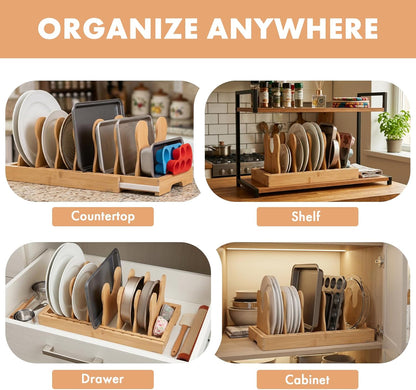 MEKER Pot Lid Holders, Cabinet Organizer for Food Contanier Lid, Bamboo Expandable Bakeware for Under Cabinet, Adjustable Dividers, Pot Lids Holder Rack, Cookie Sheet Baking Pan, Tray Organizer, 10PCS