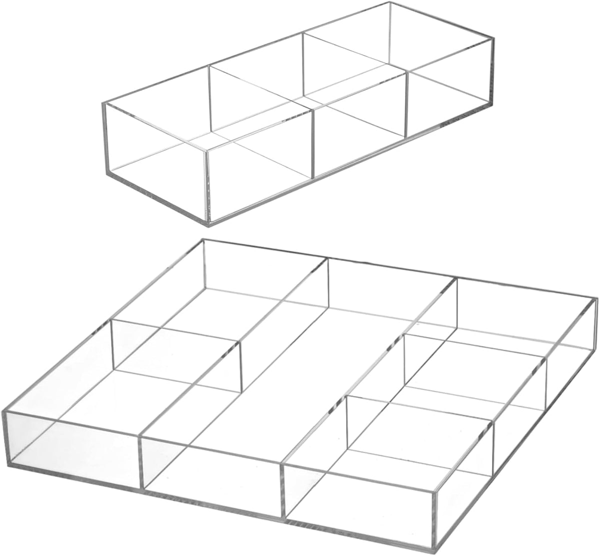 2 Pack Acrylic Drawer Organizer Tray, 6/3 Section Clear Makeup Tray Organizer for Drawer, Junk Drawer Storage for Office Desk Supplies and Accessories
