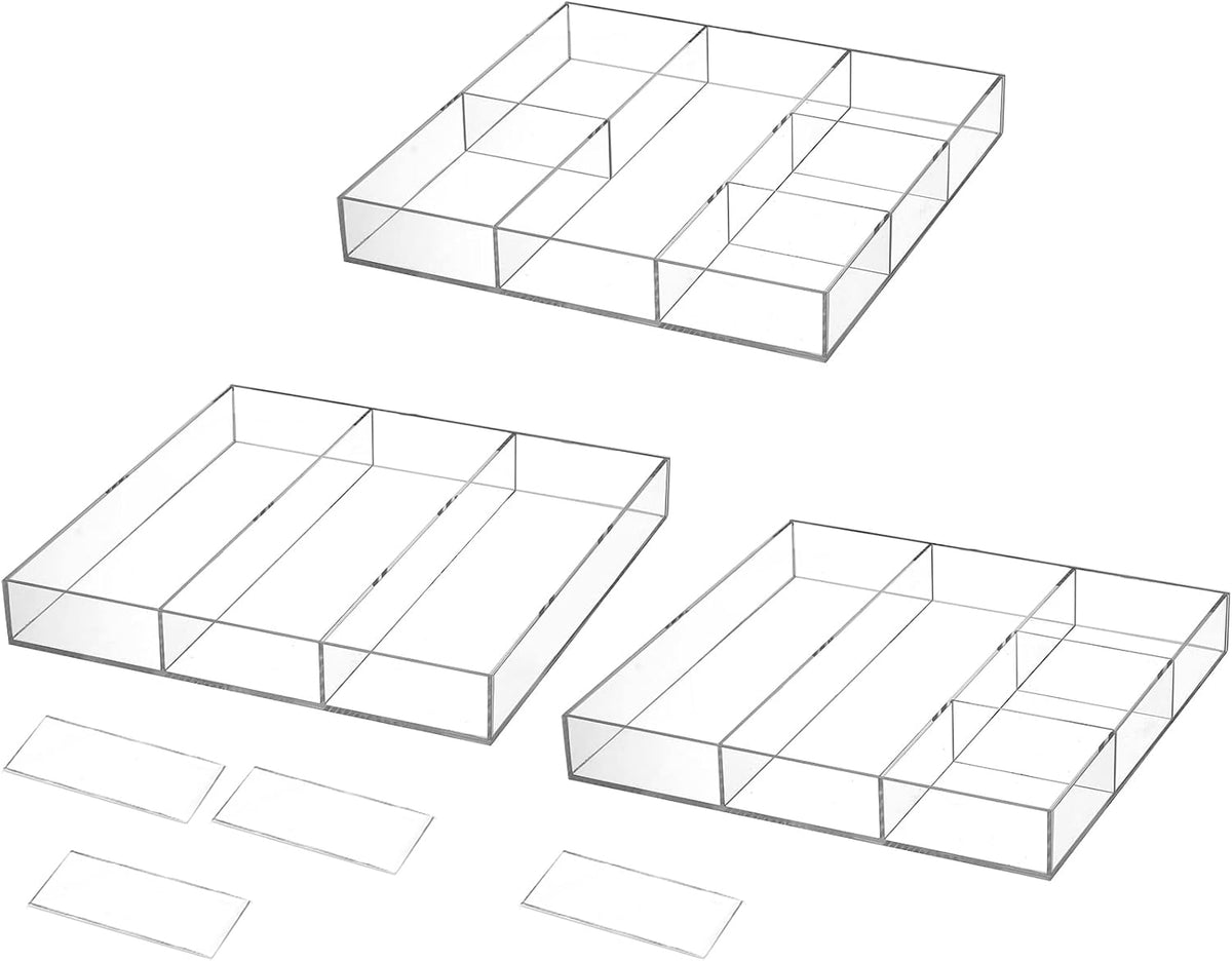 2 Pack Acrylic Drawer Organizer Tray, 6/3 Section Clear Makeup Tray Organizer for Drawer, Junk Drawer Storage for Office Desk Supplies and Accessories