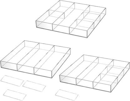 2 Pack Acrylic Drawer Organizer Tray, 6/3 Section Clear Makeup Tray Organizer for Drawer, Junk Drawer Storage for Office Desk Supplies and Accessories