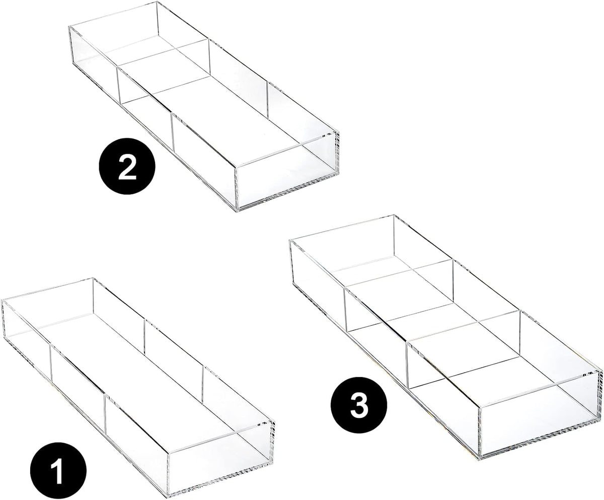 2 Pack Acrylic Drawer Organizer Tray, 6/3 Section Clear Makeup Tray Organizer for Drawer, Junk Drawer Storage for Office Desk Supplies and Accessories