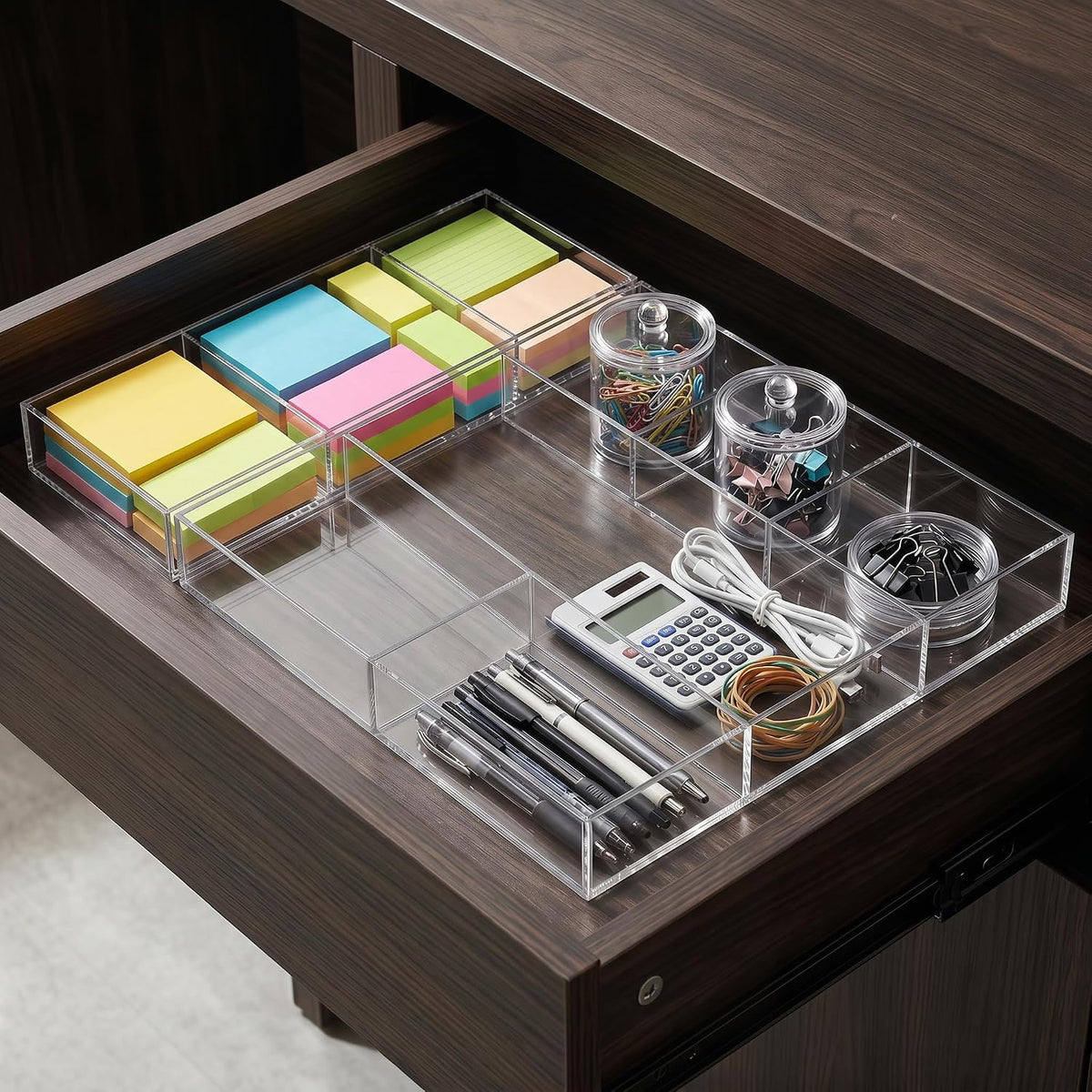 2 Pack Acrylic Drawer Organizer Tray, 6/3 Section Clear Makeup Tray Organizer for Drawer, Junk Drawer Storage for Office Desk Supplies and Accessories
