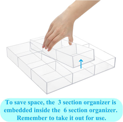2 Pack Acrylic Drawer Organizer Tray, 6/3 Section Clear Makeup Tray Organizer for Drawer, Junk Drawer Storage for Office Desk Supplies and Accessories