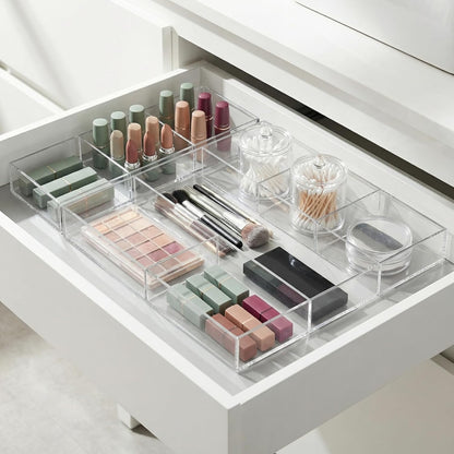 2 Pack Acrylic Drawer Organizer Tray, 6/3 Section Clear Makeup Tray Organizer for Drawer, Junk Drawer Storage for Office Desk Supplies and Accessories