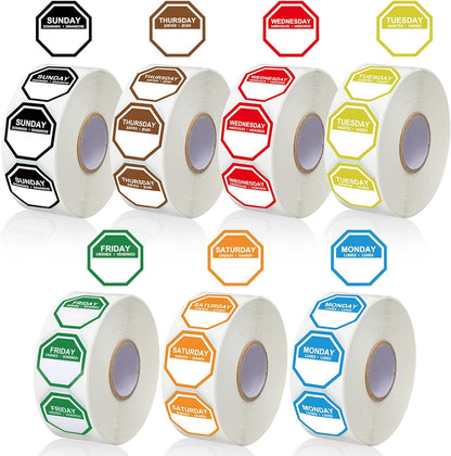 7000 Pcs Day of Week Label Food Label Monday Through Sunday Management Inventory Sticker Removable Weekly Self Adhesive Date Dot Sticker for Restaurant Kitchen Container (Square)