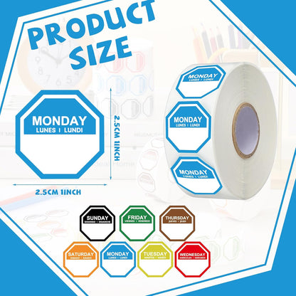 7000 Pcs Day of Week Label Food Label Monday Through Sunday Management Inventory Sticker Removable Weekly Self Adhesive Date Dot Sticker for Restaurant Kitchen Container (Square)